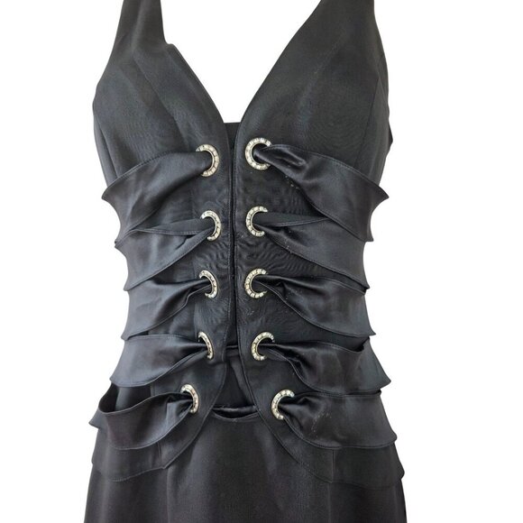 Chetta B Y2K Black Silk Corset Style Mini Dress Sz 4 Rhinestone Bodice Grommets - Picture 2 of 9
